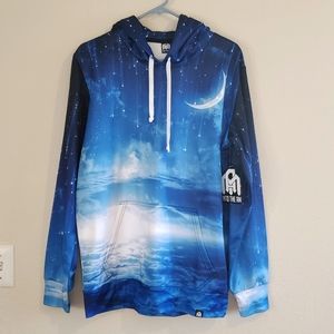New! Into the AM surreal moon scene blue and white hoodie, Festival/Rave